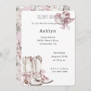 Blush Pink White Cowgirl Boots Hat Birthday Invitation