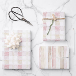 Blush Pink White Cream Plaid Stripes Bridal Shower Wrapping Paper Sheets