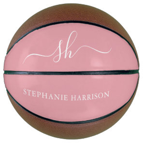 Blush Pink White Custom Name Monogram  Basketball