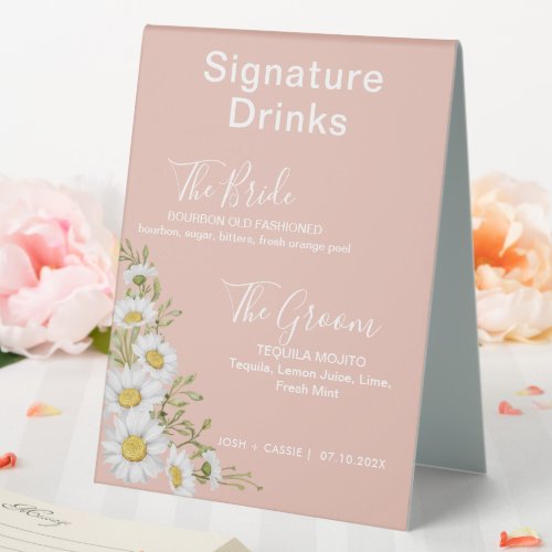 Blush Pink  White Daisies Signature Drinks  Table Tent Sign