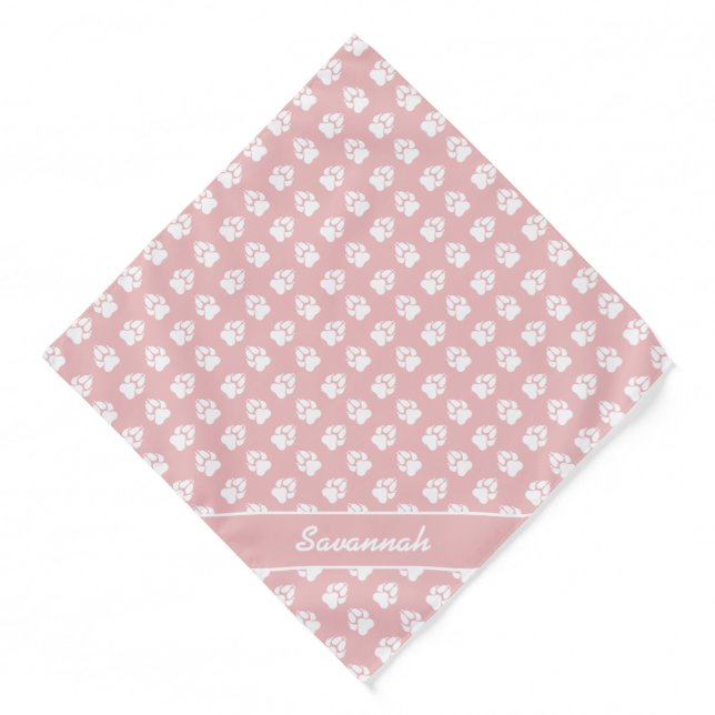 Blush Pink & White Dog Paw Pattern And Custom Name Bandana (Front)