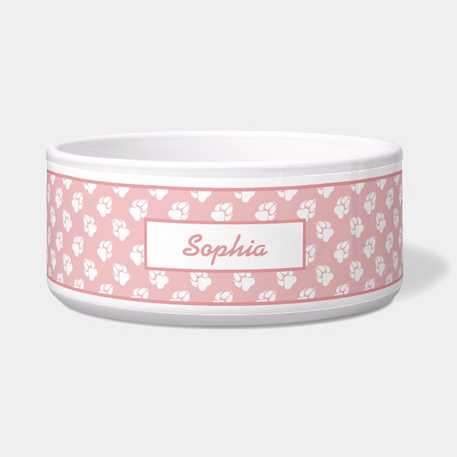 Blush Pink & White Dog Paw Pattern And Custom Name Bowl (Front)
