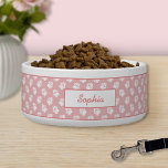 Blush Pink & White Dog Paw Pattern And Custom Name Bowl<br><div class="desc">White dog paw print pattern on a blush pink background color. There is also a personalizable text area for a name.</div>