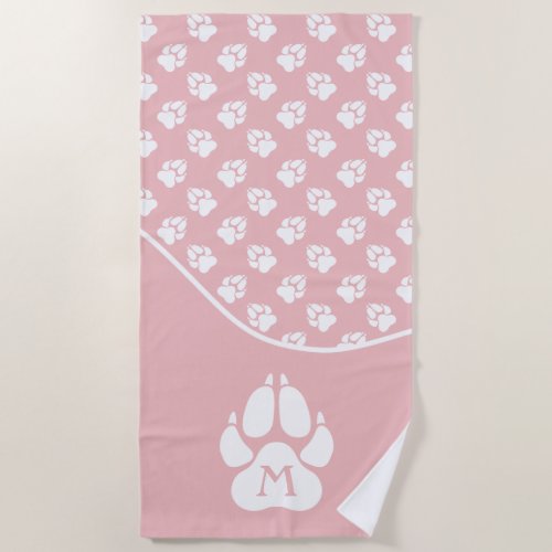 Blush Pink  White Dog Paws  Custom Monogram Beach Towel