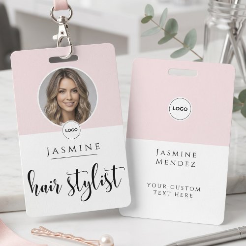 Blush Pink White Elegant Photo Hair Stylist ID Badge
