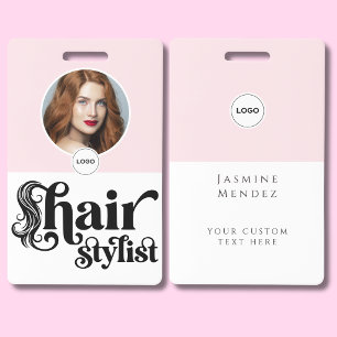Blush Pink White Elegant Photo Hair Stylist ID Badge