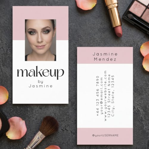 Blush Pink White Elegant Photo Makeup Artist Business Card
