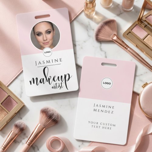 Blush Pink White Elegant Photo Makeup Artist ID Badge