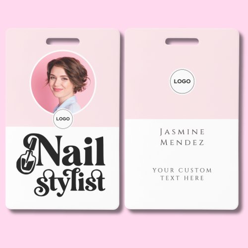 Blush Pink White Elegant Photo Nail Stylist ID Badge
