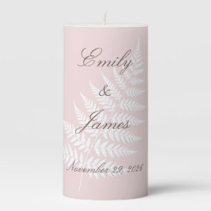 Blush Pink White Fern Botanical Design Medium Pillar Candle
