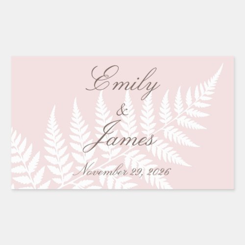 Blush Pink White Fern Elegant Personalized Wedding Rectangular Sticker