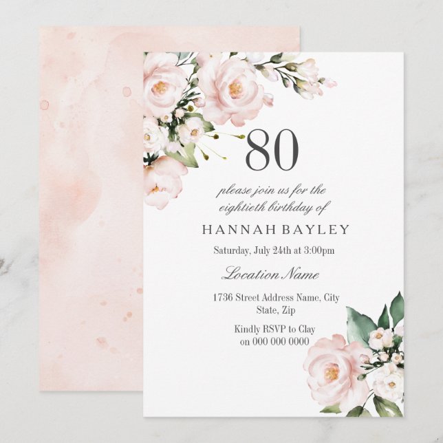 Blush Pink & White Floral 80th Birthday Party Invitation (Front/Back)