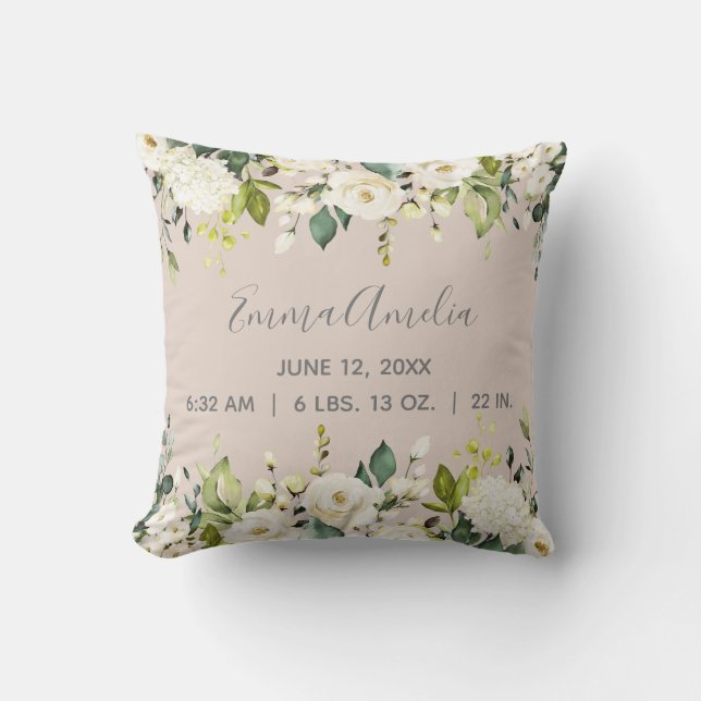 Blush Pink White Floral Baby Script Birth Stats Throw Pillow (Front)