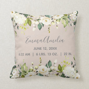 Blush Pink White Floral Baby Script Birth Stats Throw Pillow