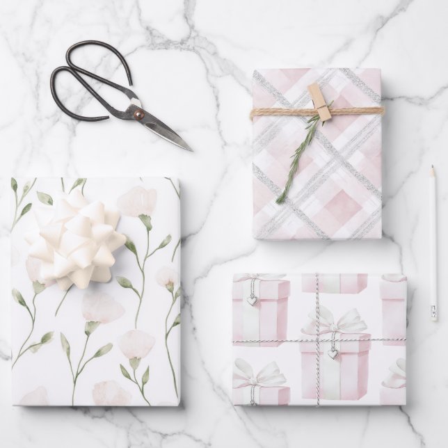 Blush Pink White Floral Birthday Wrapping Paper Sheets (Front)