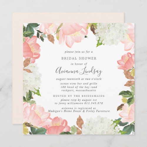 Blush Pink White Floral Bridal Shower Invitation