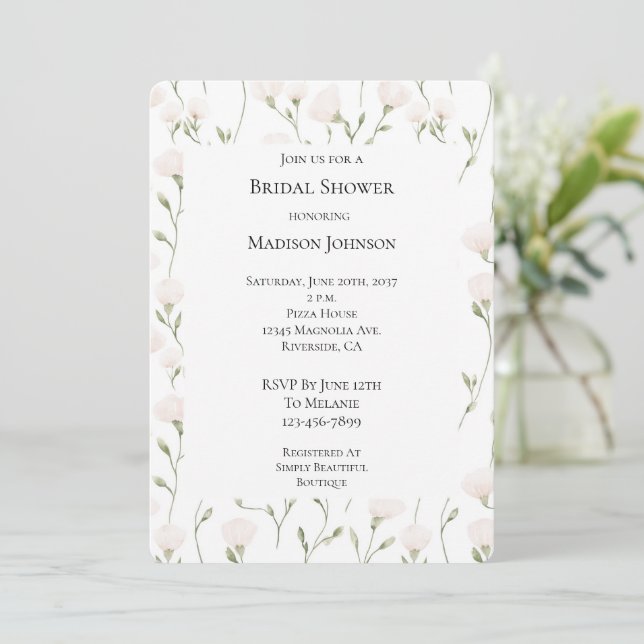Blush Pink White Floral Bridal Shower Invitation (Standing Front)
