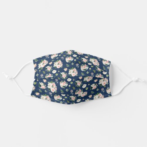 Blush Pink White Floral _ Classic Navy Blue Adult Cloth Face Mask
