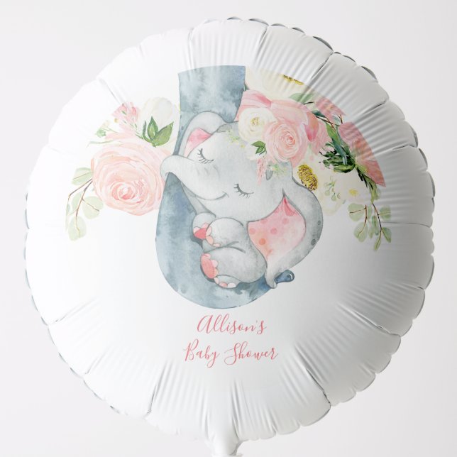 Blush pink white floral elephant baby shower balloon (Front)