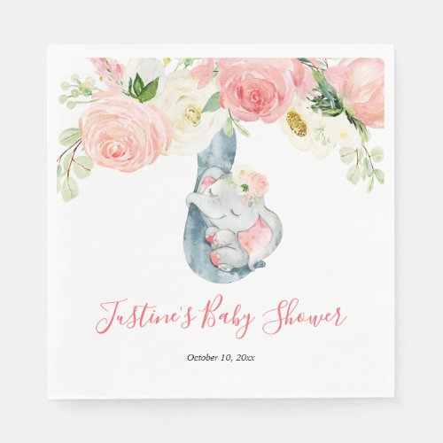 Blush pink white floral elephant baby shower napkins