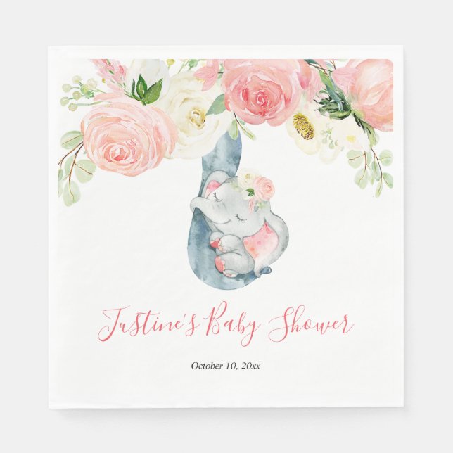 Blush pink white floral elephant baby shower napkins (Front)