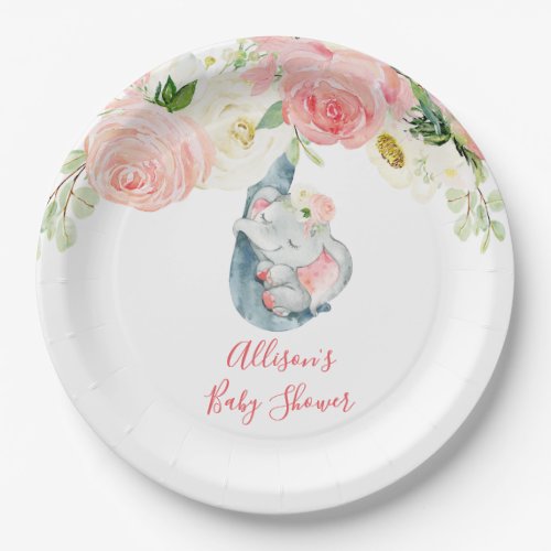 Blush pink white floral elephant baby shower paper plates