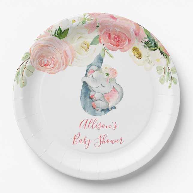 Blush pink white floral elephant baby shower paper plates (Front)