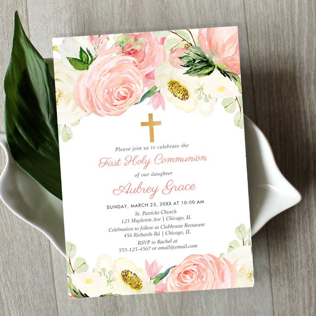 Blush pink white floral First Holy Communion Invitation (Creator Uploaded)