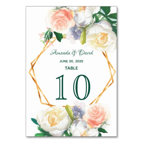 Blush pink white floral gold geometric wedding table number