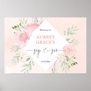 Blush pink white floral greenery sip and see poster