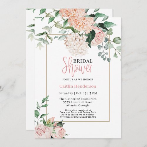 Blush Pink White Floral Hydrangea Bridal Shower Invitation