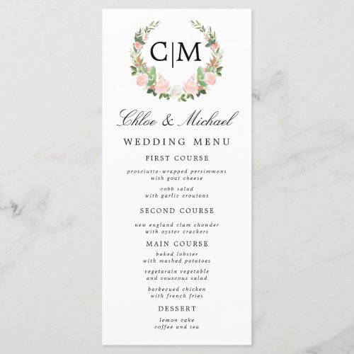 Blush Pink White Floral Monogram Name Wedding Menu