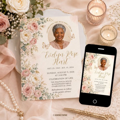 Blush Pink White Floral Photo Funeral Memorial Invitation