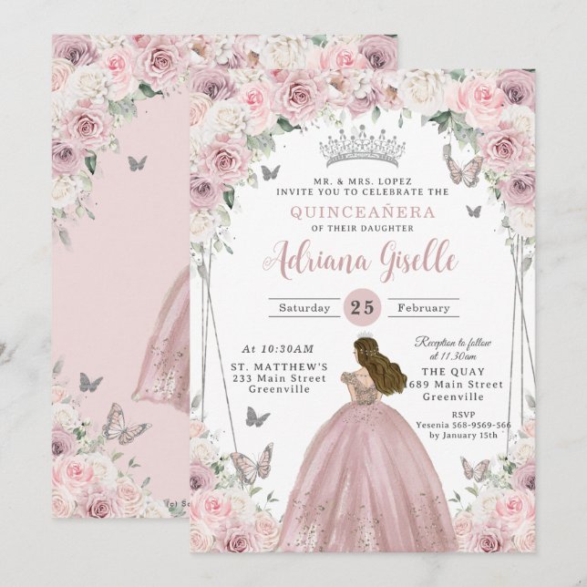 Blush Pink White Floral Princess Quinceañera XV 16 Invitation (Front/Back)