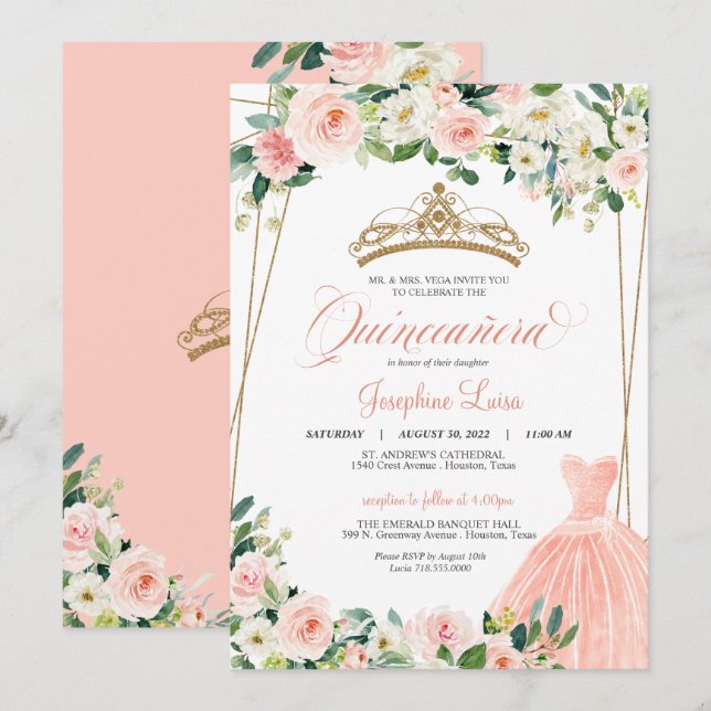 Blush Pink & White Floral Quinceañera Celebration  Invitation (Front/Back)