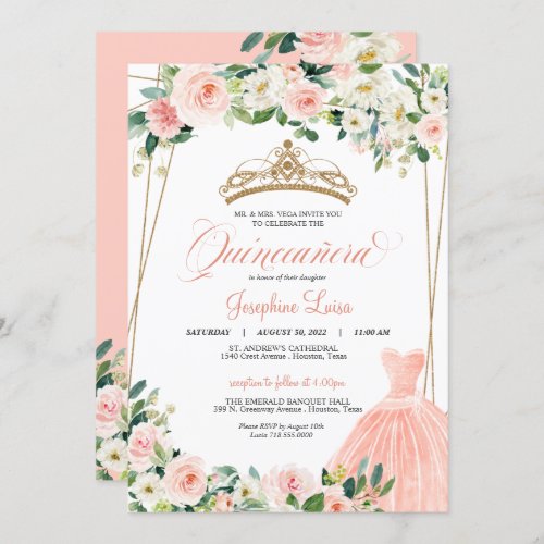 Blush Pink  White Floral Quinceaera Celebration  Invitation