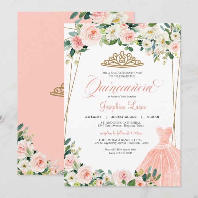 Blush Pink & White Floral Quinceañera Celebration  Invitation (Front/Back)