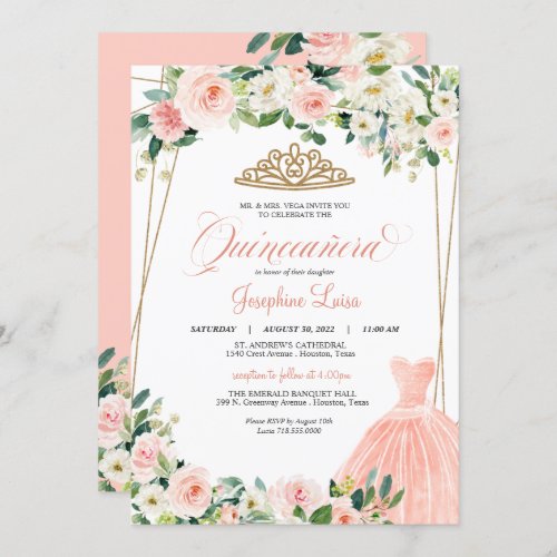 Blush Pink  White Floral Quinceaera Celebration  Invitation