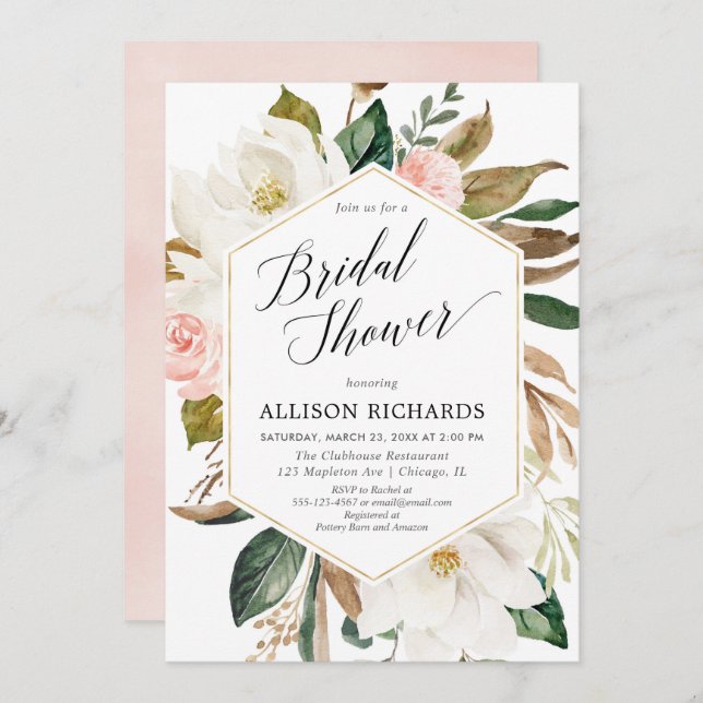 Blush pink white floral rustic bridal shower invitation (Front/Back)