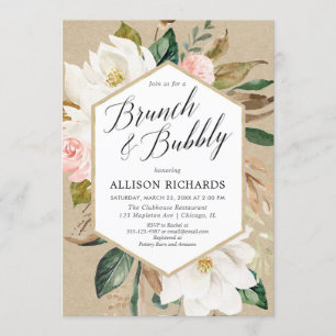 Blush pink white floral rustic brunch bubbly invitation