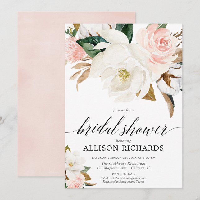 Blush pink white floral rustic fall bridal shower invitation (Front/Back)