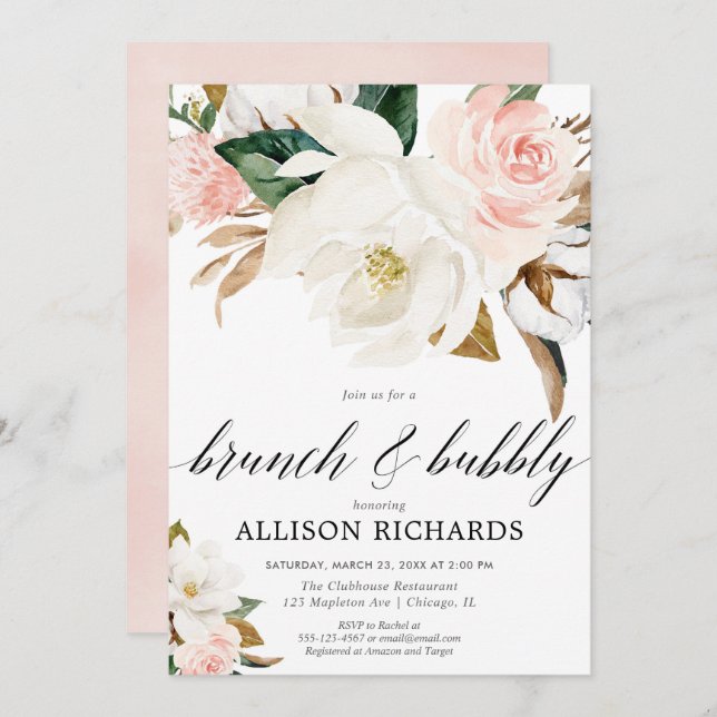 Blush pink white floral rustic fall brunch bubbly invitation (Front/Back)