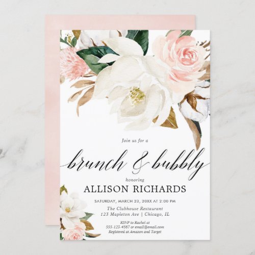 Blush pink white floral rustic fall brunch bubbly invitation