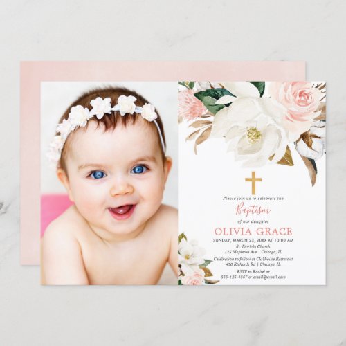 Blush pink white floral rustic girl baptism photo invitation