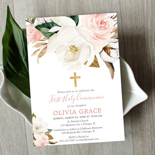 Blush pink white floral rustic girl communion invitation