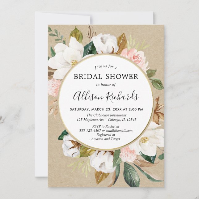 Blush pink white floral rustic magnolia bridal invitation (Front)