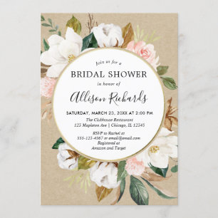 Blush pink white floral rustic magnolia bridal invitation