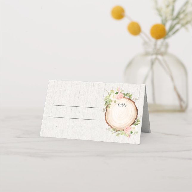 Blush pink white floral rustic woodland elegant place card (Front)