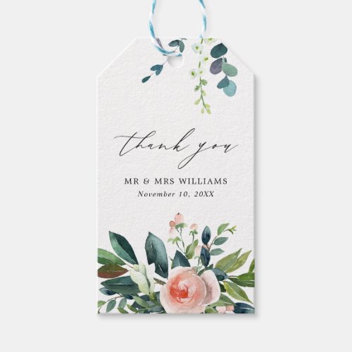 Blush Pink  White Floral Script Thank You Wedding Gift Tags