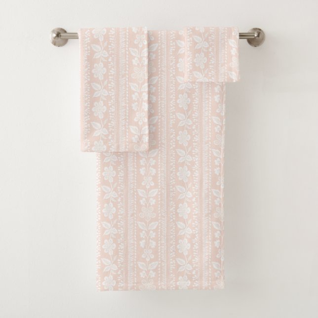 Blush Pink & White Floral Stripe Damask Bath Towel Set (Insitu)